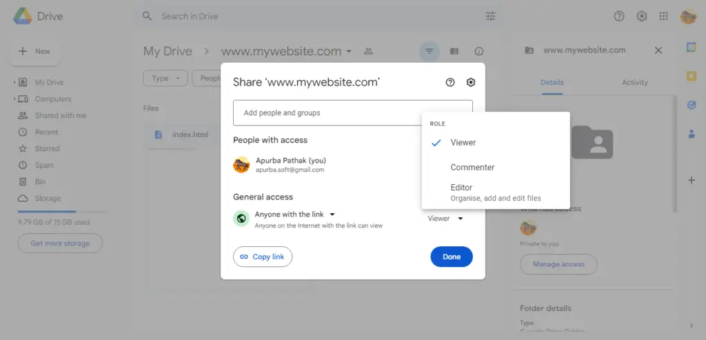 Set Sharing Permissions to Google Drivce Folder